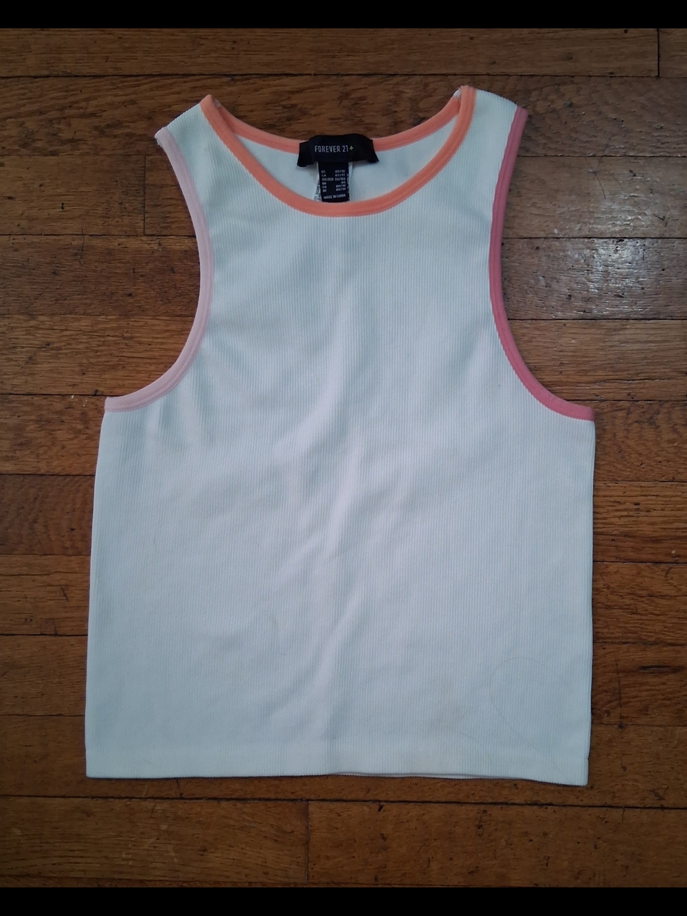 Girl's Forever 21 White Ribbed Tank with Peach Neckline & Pink Arm Trim